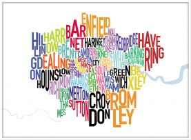 Large London UK Text Map (Wood Frame - White)
