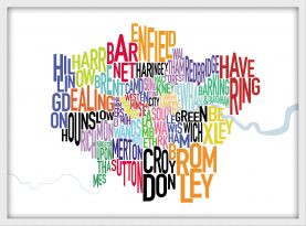 Small London UK Text Map (Pinboard & wood frame - White)