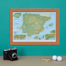 Scratch Off Spain & Portugal Golf Map (Pinboard & wood frame - Oak Style)