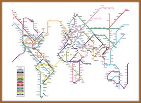 Large Metro Subway Map of the World  (Wood Frame - Teak)