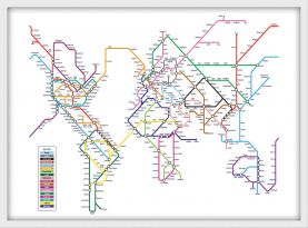 Medium Metro Subway Map of the World  (Pinboard & wood frame - White)