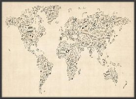 Large Music Notes World Map of the World (Canvas Floater Frame - Black)
