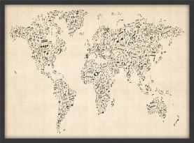 Small Music Notes World Map of the World (Pinboard & wood frame - Black)