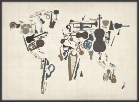 Large Musical Instruments Map of the World  (Pinboard & wood frame - Black)