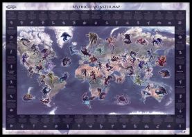 Large Mythical Monster World Map (Pinboard & framed - Black)