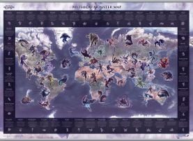 Large Mythical Monster World Map (Rolled Canvas with Hanging Bars)