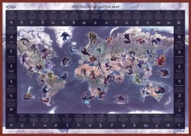 Large Mythical Monster World Map (Pinboard & framed - Dark Oak)