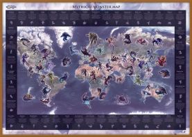 Large Mythical Monster World Map (Wood Frame - Teak)