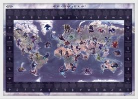 Medium Mythical Monster World Map (Wood Frame - White)