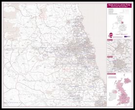 Newcastle upon Tyne, Sunderland and Durham Postcode Sector Map (Pinboard & framed - Black)