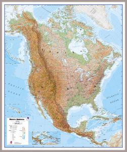 Huge North America Wall Map Physical (Magnetic board mounted and framed - Brushed Aluminium Colour)