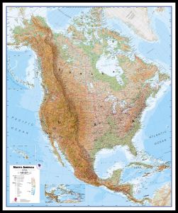 Large North America Wall Map Physical (Pinboard & framed - Black)