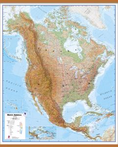 Large North America Wall Map Physical (Wooden hanging bars)