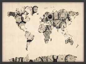 Small Old Clocks Map of the World (Pinboard & wood frame - Black)