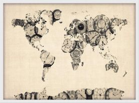 Small Old Clocks Map of the World (Pinboard & wood frame - White)