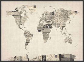 Large Old Postcards Art Map of the World (Canvas Floater Frame - Black)