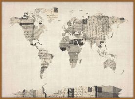 Large Old Postcards Art Map of the World (Wood Frame - Teak)