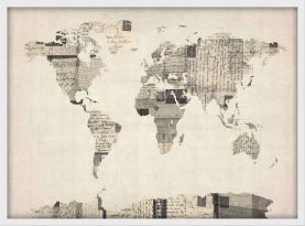 Small Old Postcards Art Map of the World (Wood Frame - White)