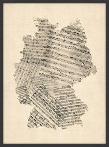 Small Old Sheet Music Art Map of Germany (Pinboard & wood frame - Black)