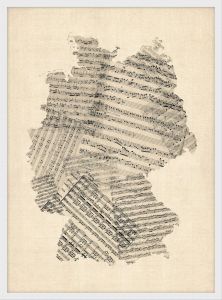 Small Old Sheet Music Art Map of Germany (Pinboard & wood frame - White)
