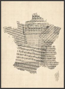 Large Old Sheet Music Map of France (Canvas Floater Frame - Black)