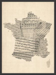 Small Old Sheet Music Map of France (Wood Frame - Black)