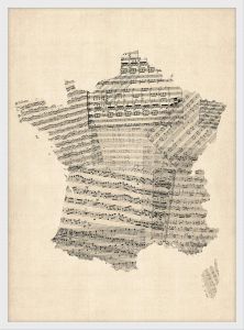Small Old Sheet Music Map of France (Pinboard & wood frame - White)