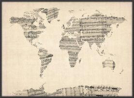 Large Old Sheet Music Map of the World (Canvas Floater Frame - Black)