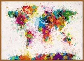 Large Paint Splashes Map of the World (Pinboard & wood frame - Teak)
