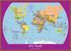 Large Personalised Child's World Map (Wood Frame - Teak)