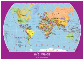 Large Personalised Child's World Map (Pinboard & wood frame - White)