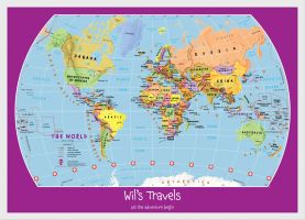 Medium Personalised Child's World Map (Pinboard & wood frame - White)