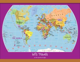 Medium Personalised Child's World Map (Rolled Canvas with Wooden Hanging Bars)