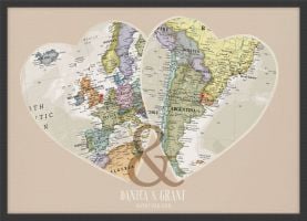 Personalised Location Map Hearts Print (Wood Frame - Black)