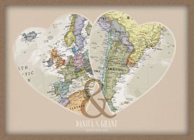 Personalised Location Map Hearts Print (Wood Frame - Oak Style)