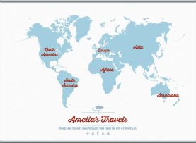 Large Personalised Travel Map of the World - Aqua (Hanging bars)