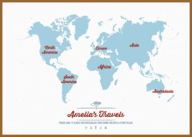 Large Personalised Travel Map of the World - Aqua (Wood Frame - Teak)