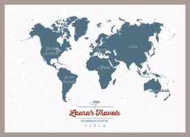 Small Personalised Travel Map of the World - Teal (Magnetic board mounted and framed - Brushed Aluminium Colour)