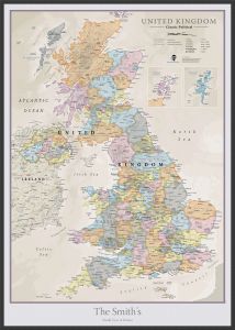 Large Personalised UK Classic Wall Map (Wood Frame - Black)