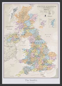 Medium Personalised UK Classic Wall Map (Pinboard & wood frame - Black)