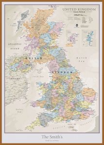Large Personalised UK Classic Wall Map (Pinboard & wood frame - Teak)