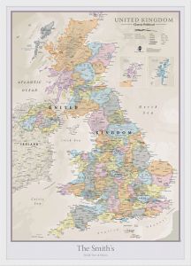 Medium Personalised UK Classic Wall Map (Wood Frame - White)