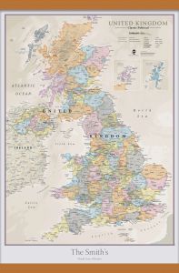 Medium Personalised UK Classic Wall Map (Rolled Canvas with Wooden Hanging Bars)