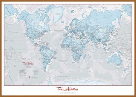 Large Personalised World Is Art - Wall Map Aqua (Pinboard & wood frame - Teak)