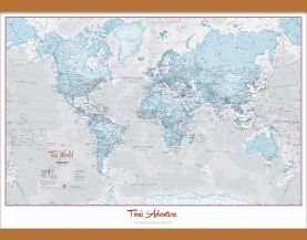 Medium Personalised World Is Art - Wall Map Aqua (Rolled Canvas with Wooden Hanging Bars)