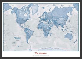 Medium Personalised World Is Art - Wall Map Blue (Wood Frame - Black)