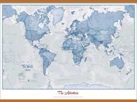 Large Personalised World Is Art - Wall Map Blue (Wooden hanging bars)
