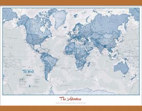 Medium Personalised World Is Art - Wall Map Blue (Rolled Canvas with Wooden Hanging Bars)