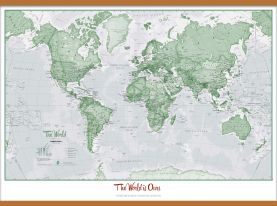 Huge Personalised World Is Art - Wall Map Green (Wooden hanging bars)
