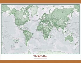 Medium Personalised World Is Art - Wall Map Green (Rolled Canvas with Wooden Hanging Bars)